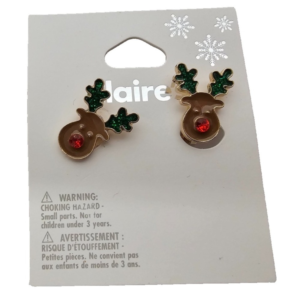 Claire's Holiday Christmas Rudolph Reindeer Rhinestone Earrings CLIP ON